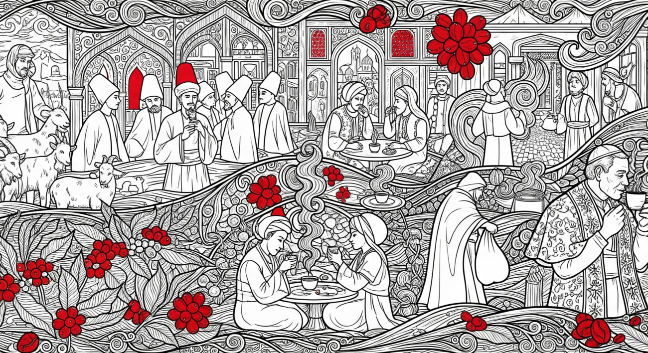 Kahvenin kısa tarihi ve keşfi blog yazısı için Kaldi ve keçileri ile Osmanlı kahve kültürünü yansıtan görsel